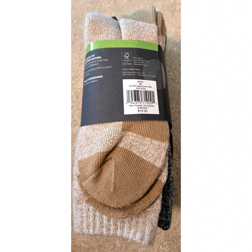 Alpine Design Performance Hiking Sock Men's Medium Assorted Grey‎ 4-Pak